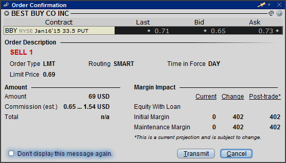 Order Panel for BBY Put Option